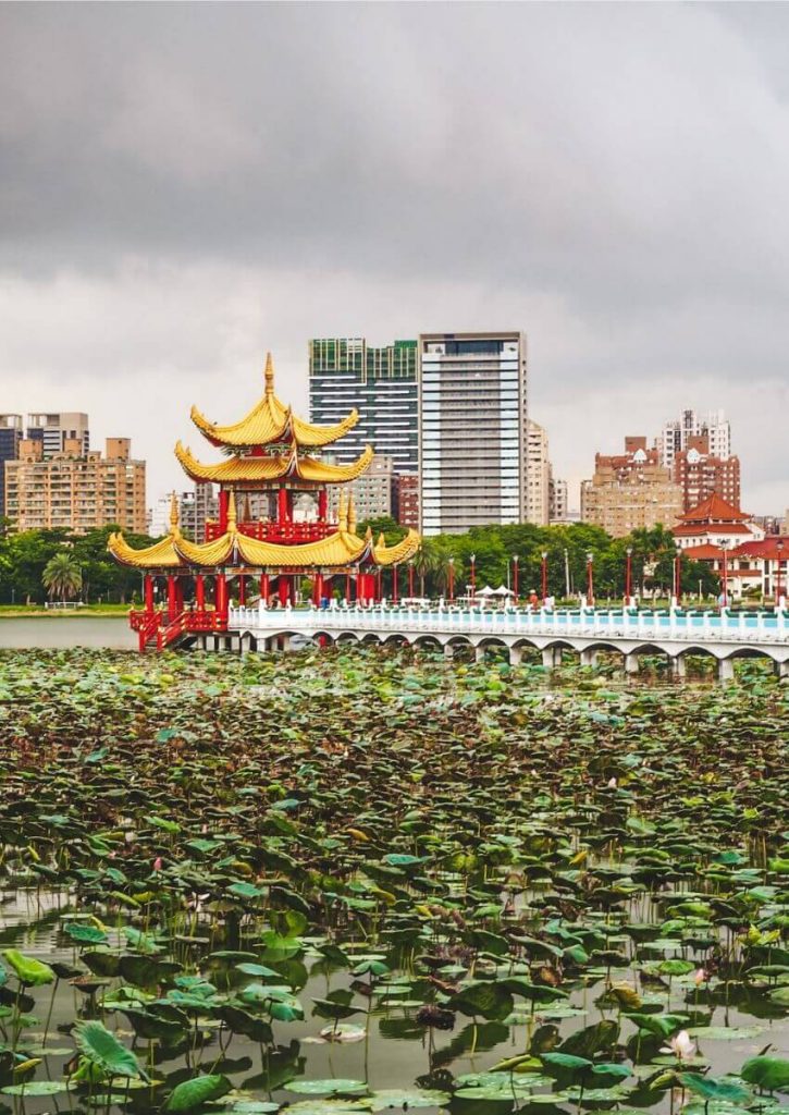Pei Chi Pavilion on Lotus Pond surrounded by hundreds lotus plants. 